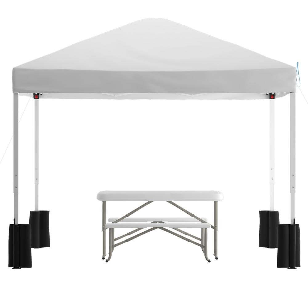 White Event Canopy Tent with Wheeled Case and Folding Bench Set