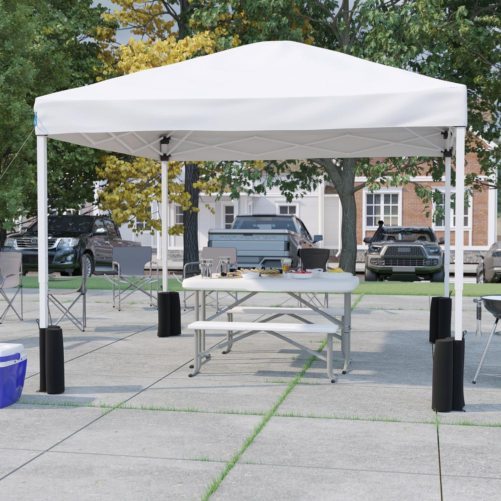 White Event Canopy Tent with Wheeled Case and Folding Bench Set