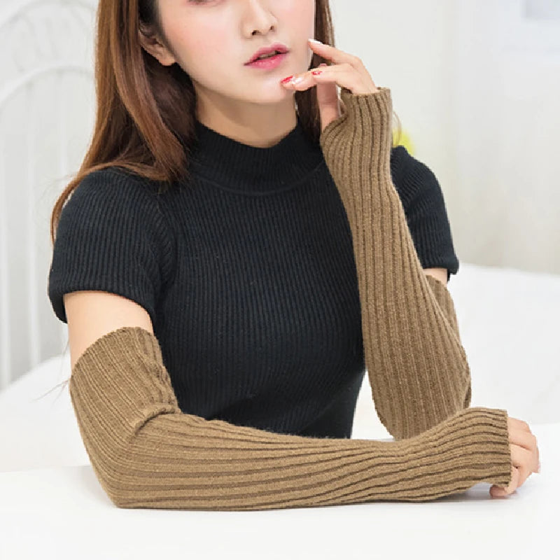 Winter Women Arm Warmers Knitted Woolen Arm Sleeve Fine Long Knitted Fingerless Gloves Casual Warm Soft Female Gloves Hot Sale