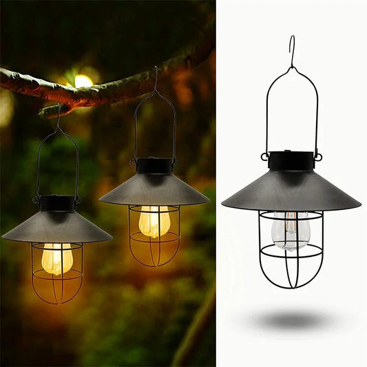 Solar Outdoor Lights Hanging Vintage Waterproof Solar Metal Lantern Lamp with Handle Dison Retro Lantern For Garden Yard Porch