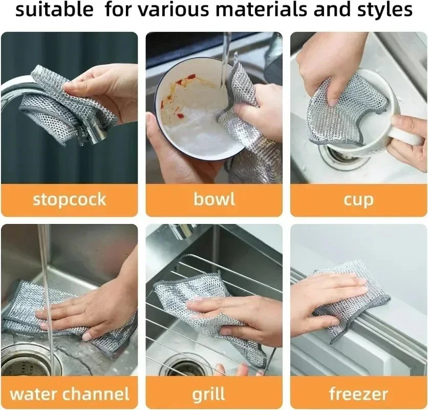 10pcs  Dishcloth Silver Wire Cleaning Cloths Kitchen Dish Pot Washing Cloth Double-sided Thickened Towel Steel Wire Rags