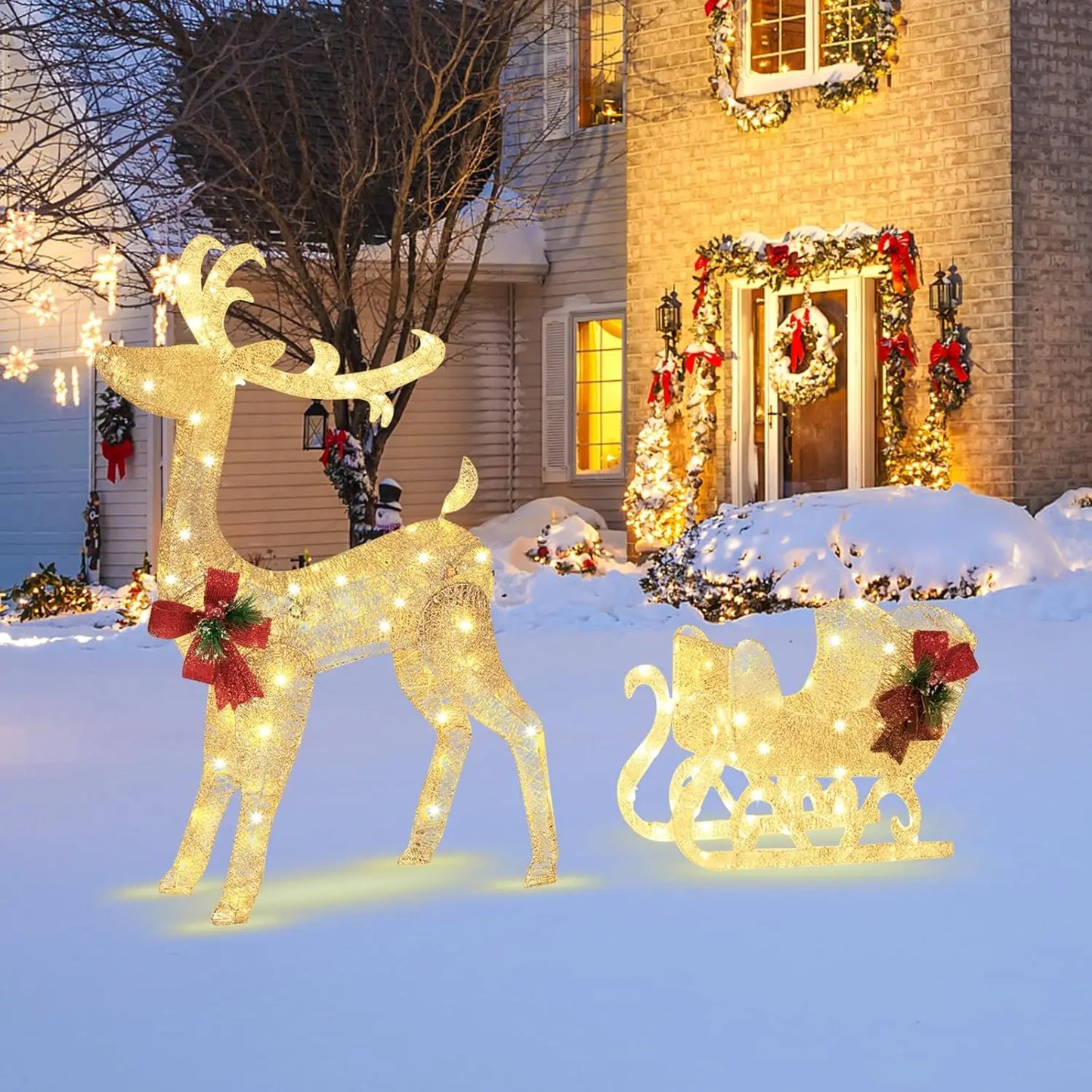 4.7 FT Lighted Christmas Reindeer & Sleigh, Xmas Lighted Outdoor Decoration with 100 Warm Lights, 8 Ground Stakes, 30 Cable Ties