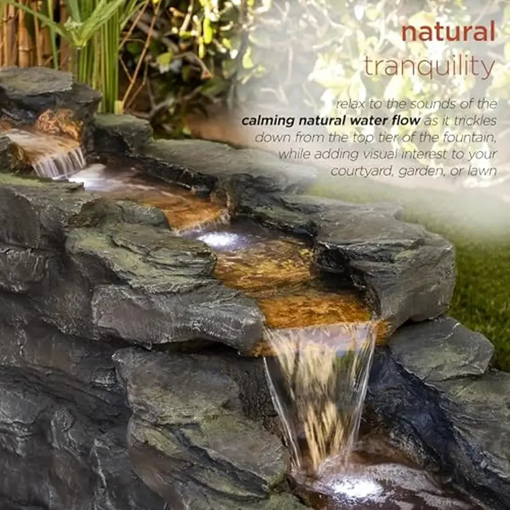 Tiered Outdoor Rocky River Stream Water Fountain with LED Lights Tranquil Garden Decor Durable Polystone Construction 76"L 20L