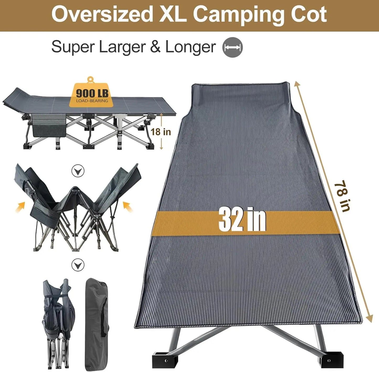 XXL Folding Camping Cot with Mattress, Heavy Duty Sleeping Cot Bed Portable Adults Outdoor Bed with Carry Bag,