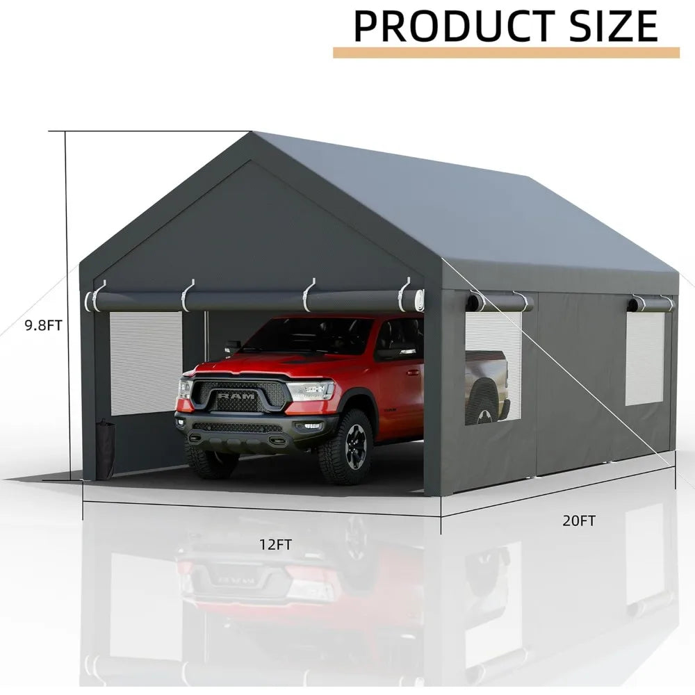 12x20 FT Carport with Removable Sidewalls & Doors,Roll-up Windows, Sandbags and All-Season Tarp for Car Boat Truck Motorcycle