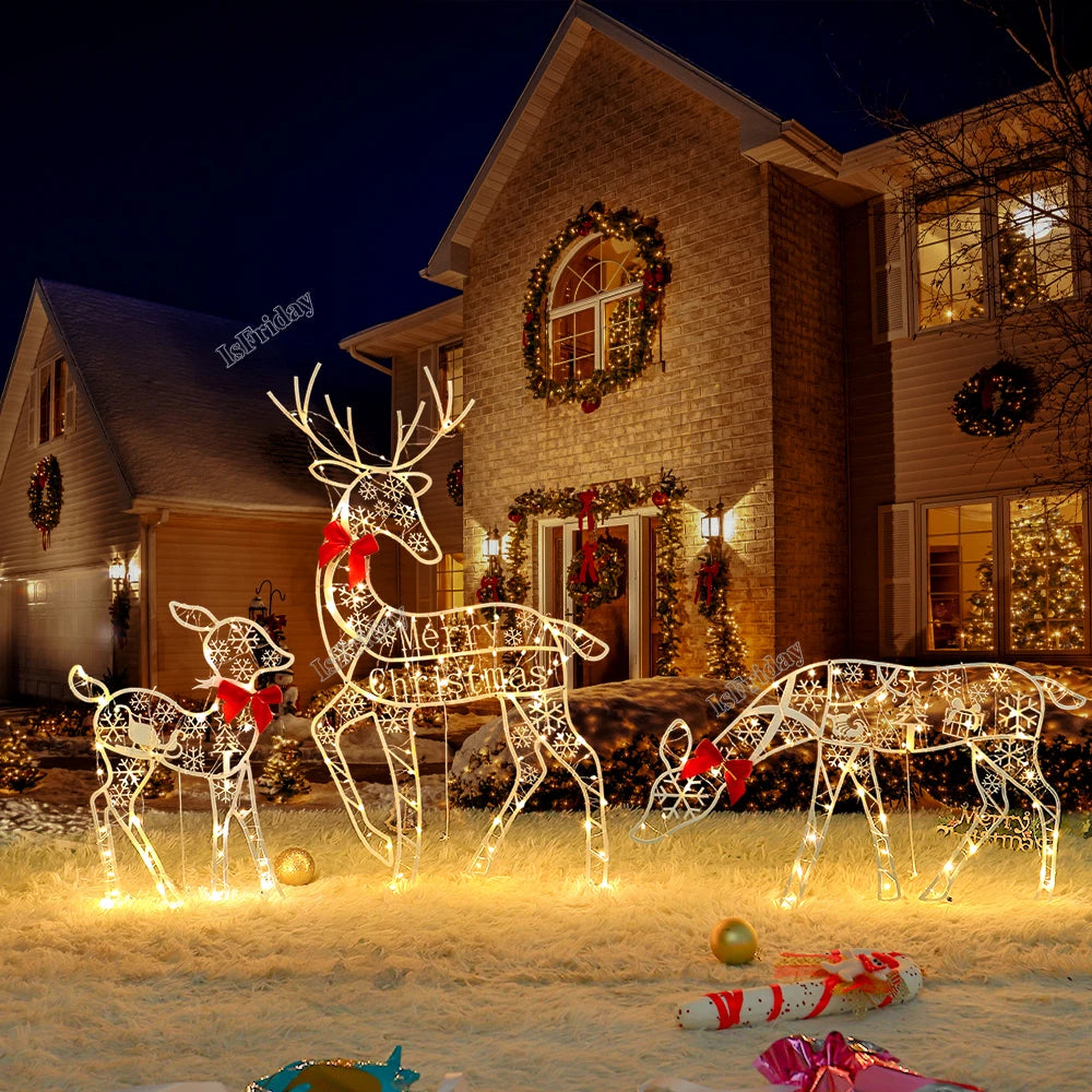 3PCS Lighted Christmas Reindeer Water Resistant Light Up Decoration Garden Glowing Reindeer Outdoor Yard Ornament New Year 2024