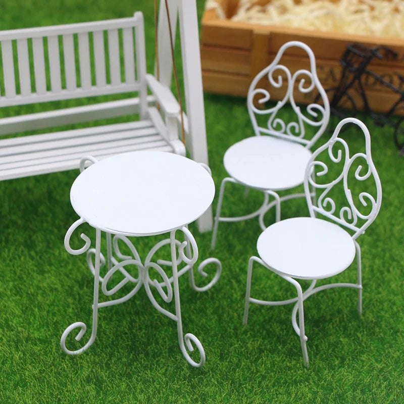 1Set 1:12 Dollhouse Miniature Table Chair Set Iron Art Tea Table Chairs Home Outdoor Garden Model Doll Home Furniture Decor Toy