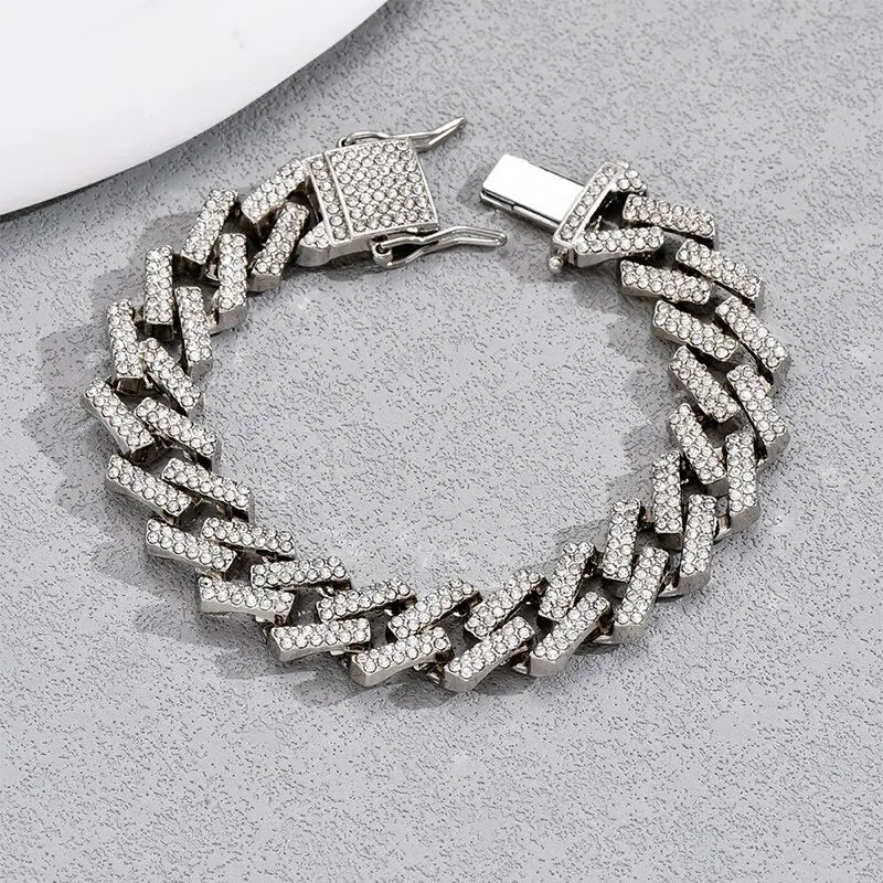 Hip Hop Miami Link Chain Gold Bracelet Clear Crystal Stone Fold Over Closure Big Chain Bracelet For Men Personlity Accessory