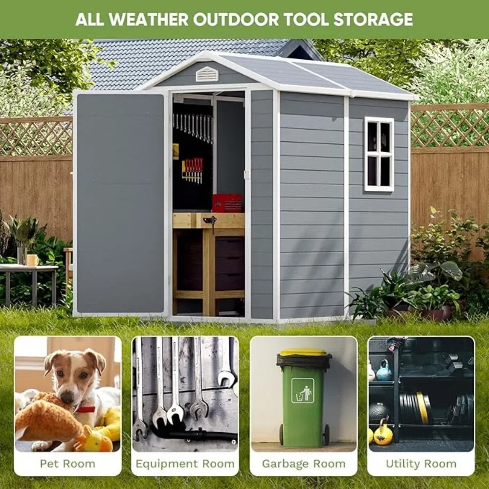 4 x 6 FT Outdoor Storage Shed, Resin Storage Shed with Floor & Lockable & Window Door for Patio Furniture, Bicycle, Grey