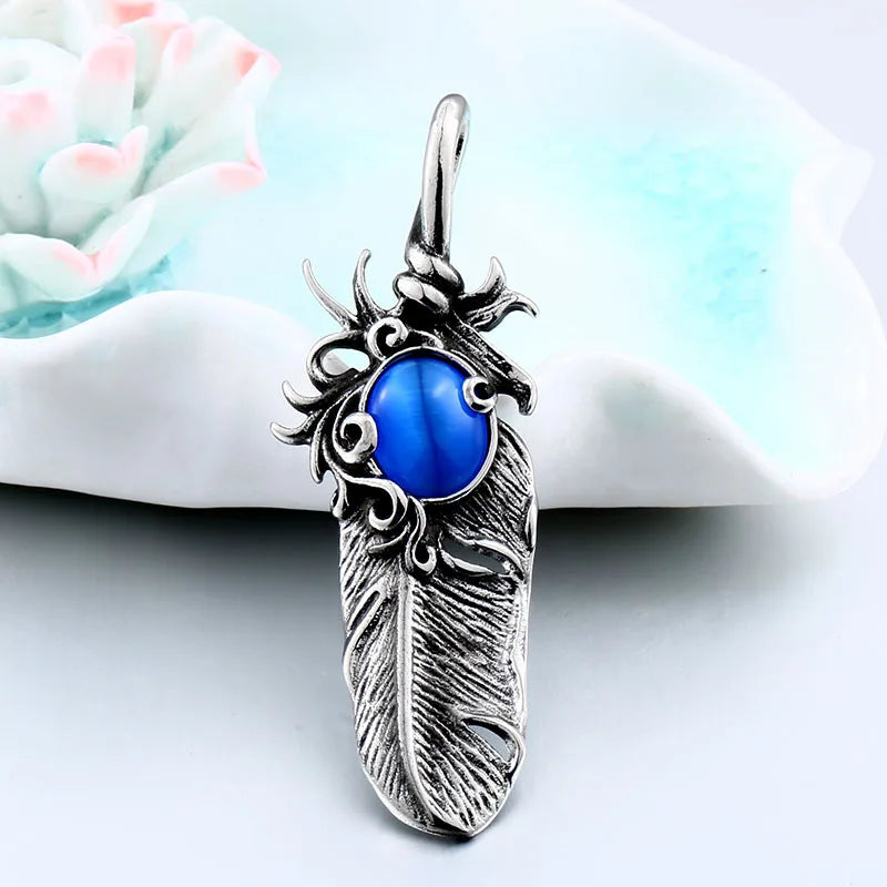 Takahashi Eagle Style Adorned with Imitation Blue Gemstone Feather Stainless Steel Pendant Men Fashion Leader Jewelry Pendant