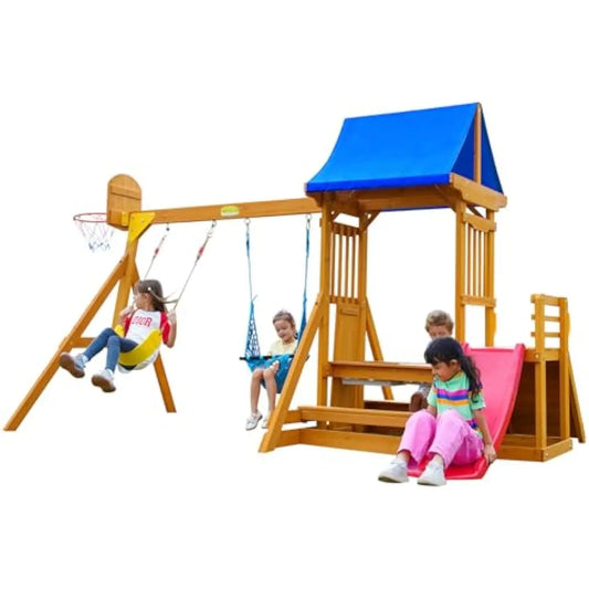 Kids Swing Sets for Backyard, Wooden Playground Sets for backyards with a Wave Slide, Rock Climbing Wall, 2 Swings,6-in-1