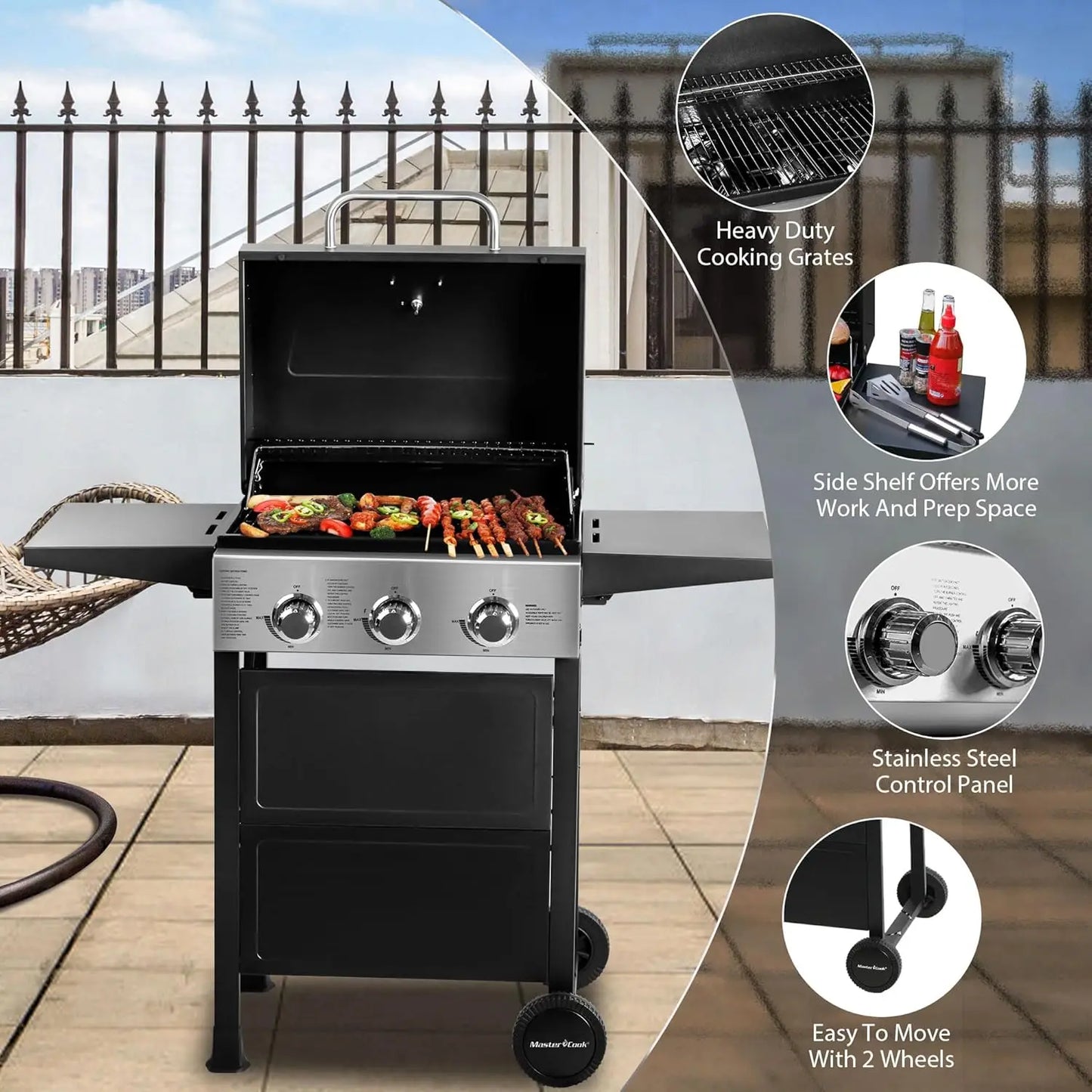 3 Burner  Propane Gas Grill, Stainless Steel 30,000 BTU Patio Garden Barbecue Grill with Two Foldable Shelves