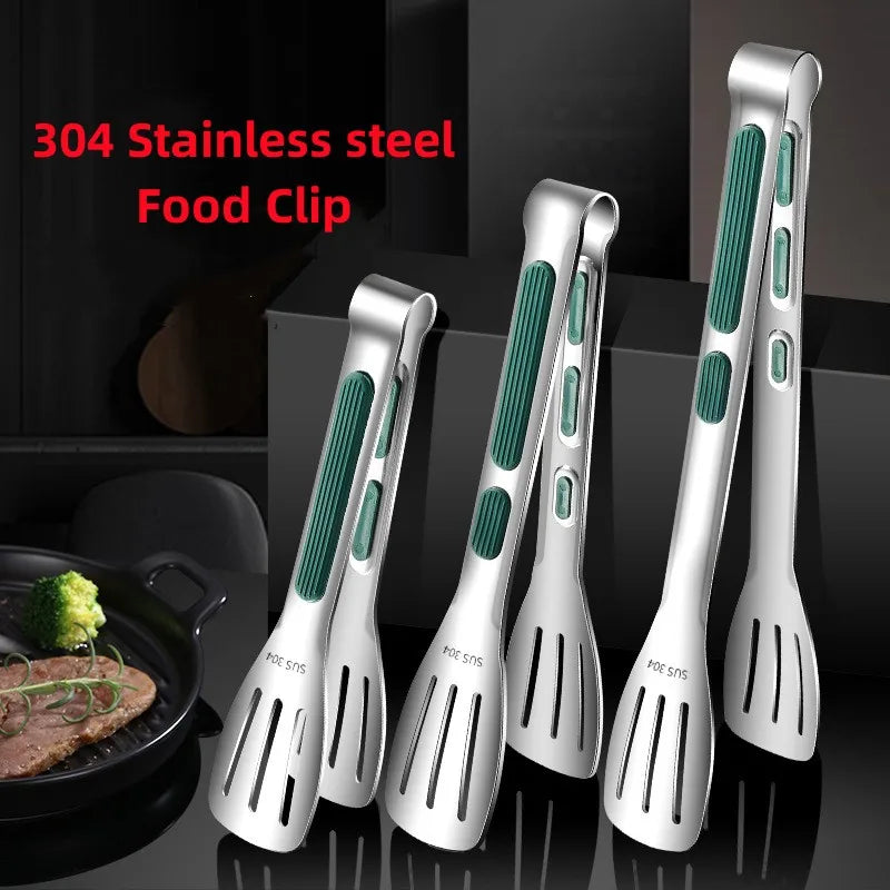 304 Stainless Steel BBQ Tongs Silicone Non-Slip Food Bread Clamp Steak Clip Barbecue Heat Resistance Three-Line Clip Food Clip