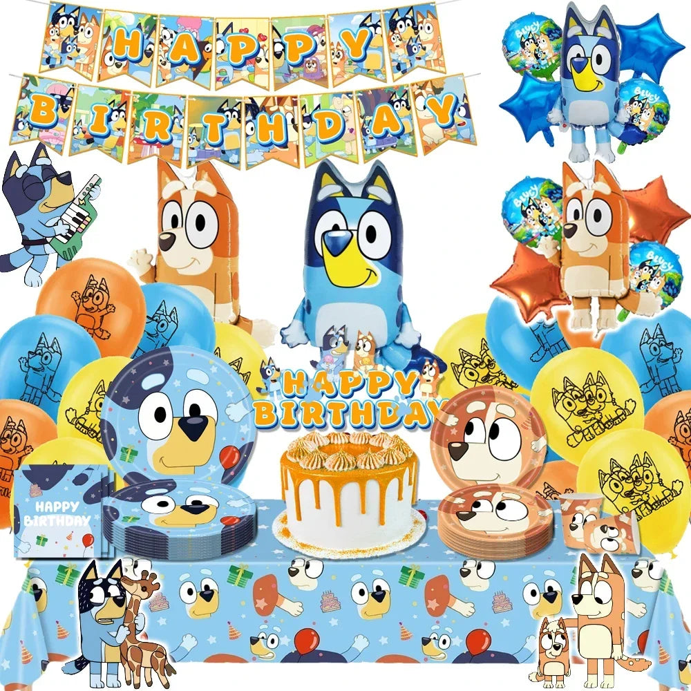 Hot Bluey Dog Birthday Party Decorations Set: Disposable Cutlery, Plates, Banners, Cake Toppers, Hanging Flags, and Balloons