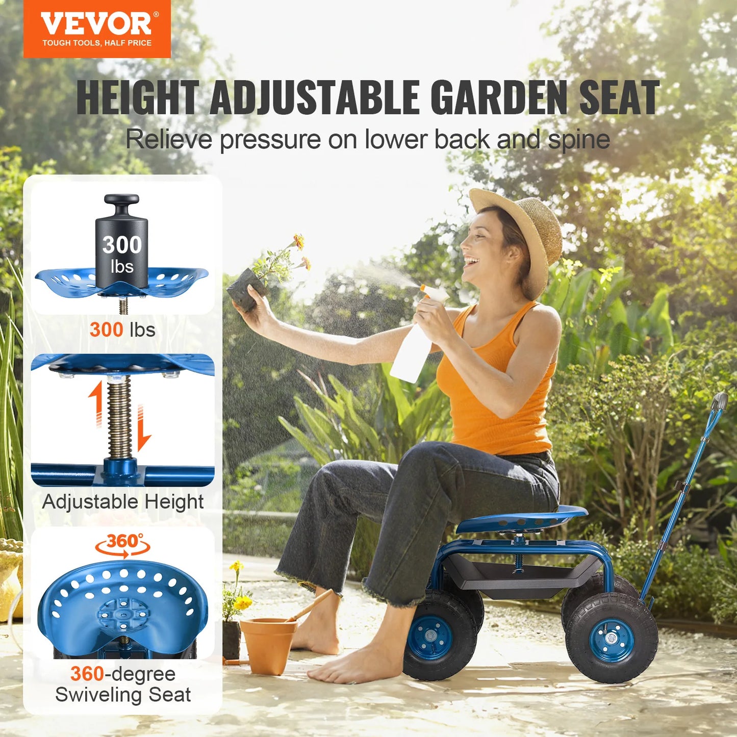 VEVOR Garden Cart Rolling Workseat with Wheels Gardening Stool for Planting 360 Degree Swivel Seat Wagon Scooter with Steering