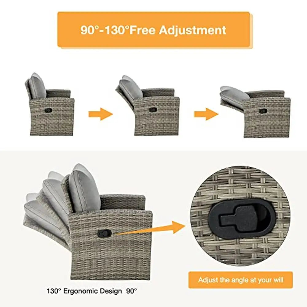 6-Piece Outdoor Patio Furniture Set with Reclining Chair and Ottoman Vintage Gray Wicker Design Rust-Resistant and