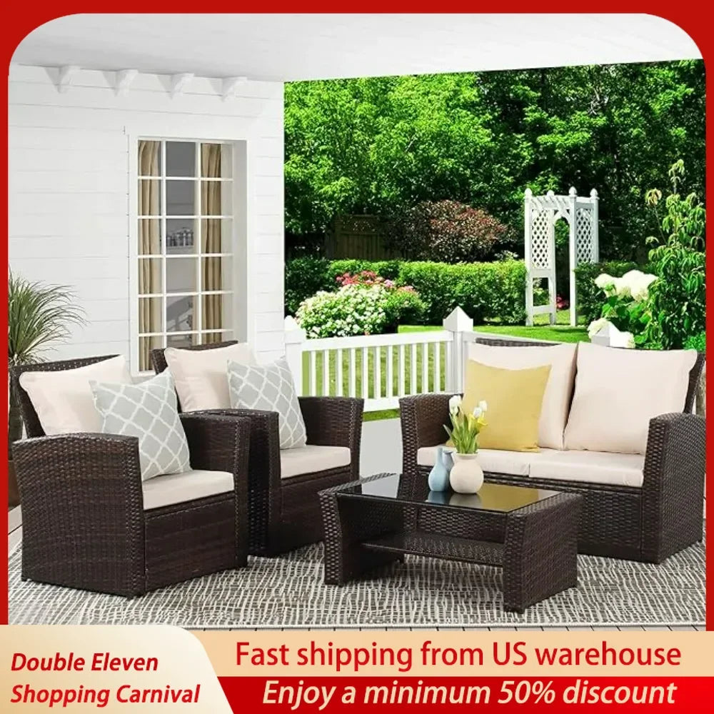 4 Piece Outdoor Patio Furniture Sets, Wicker Conversation Set for Porch Deck, Brown Rattan Sofa Chair with Cushion