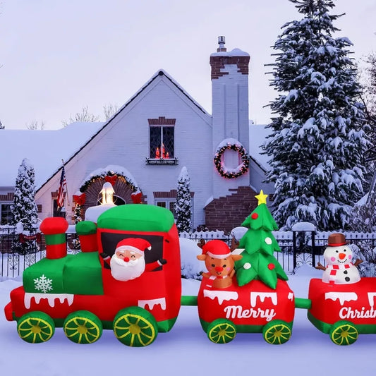 10.7 FT Christmas Inflatables Train with Santa Claus Reindeer Snowman Christmas Tress Built-in LED Lights Blow Up Christmas