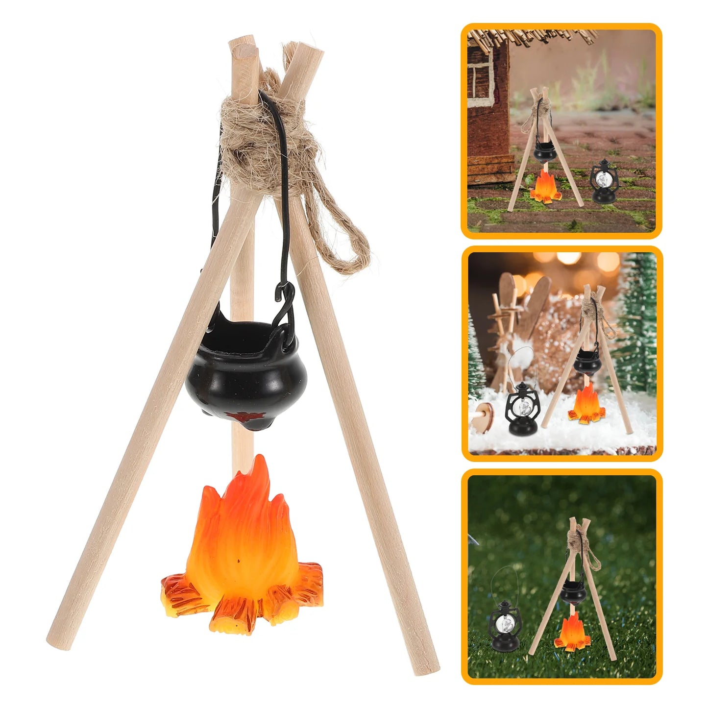 Wild Camp Set Mini Fire Pit Tent The Snow Miniature House Camping Hanging Pot Fake Plastic Campfire Prop Model Child Dollhouse