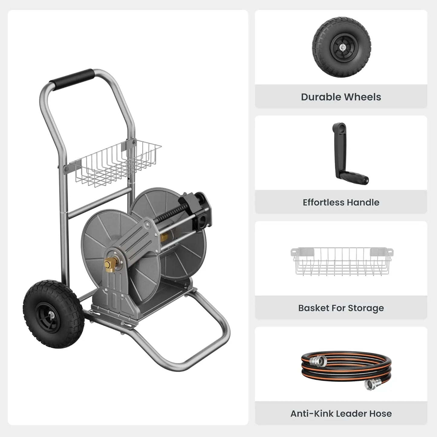 Tools Garden Hose Reel Cart with Wheels, Heavy Duty Metal Water Hose Reel Cart, 200 ft of 1/2 Capacity, Mobile Hose Reel