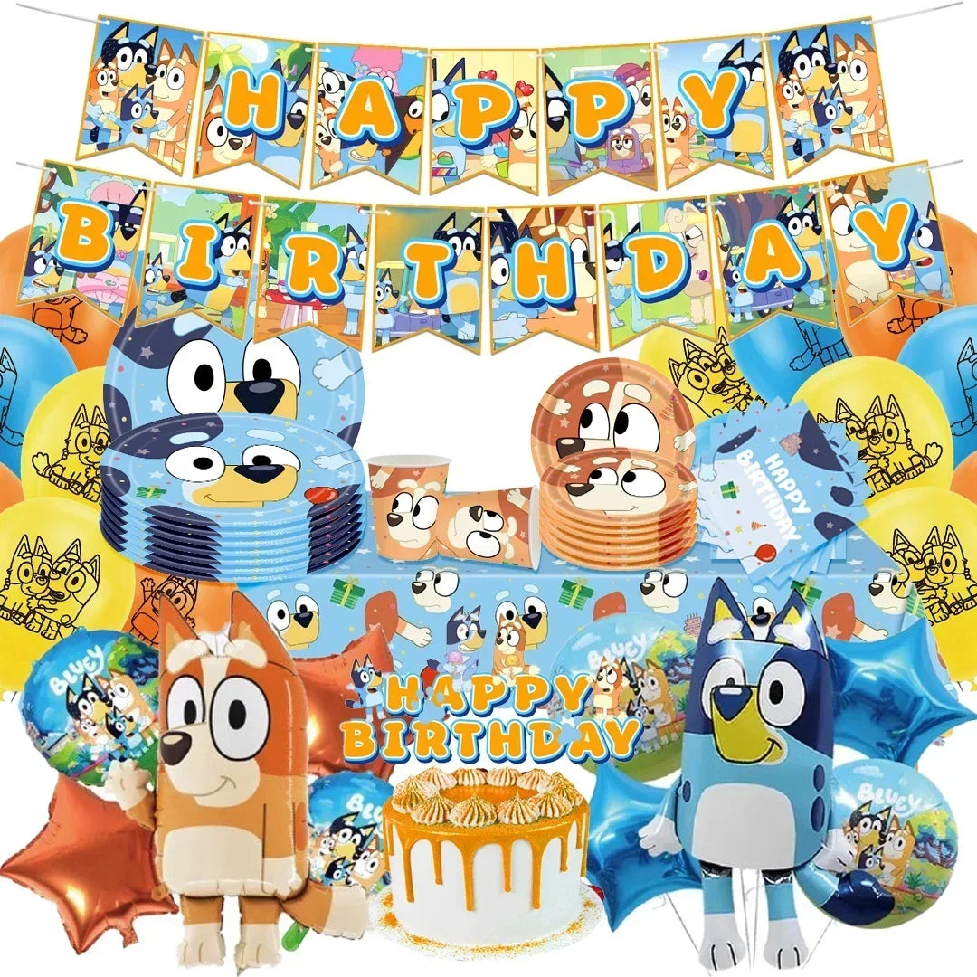 Hot Bluey Dog Birthday Party Decorations Set: Disposable Cutlery, Plates, Banners, Cake Toppers, Hanging Flags, and Balloons