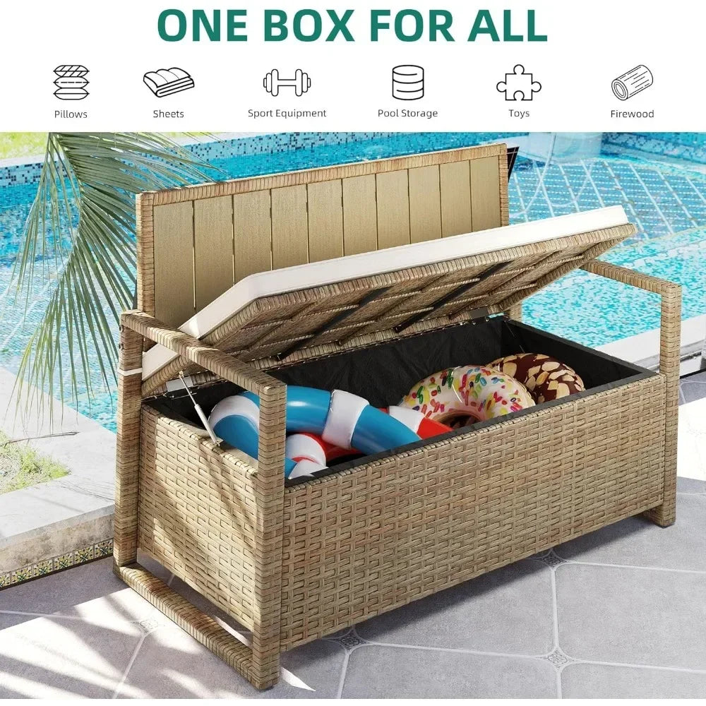 70 Gallon Outdoor Storage Bench, All-Weather PE Rattan Deck Box, Wicker Storage Seat Box for Patio Furniture, Outdoor Cushions