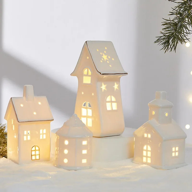 1/4Pcs Ceramic White Christmas Village Houses Light Up Small Porcelain Xmas Trees LED Lighted Tabletop House Figurines