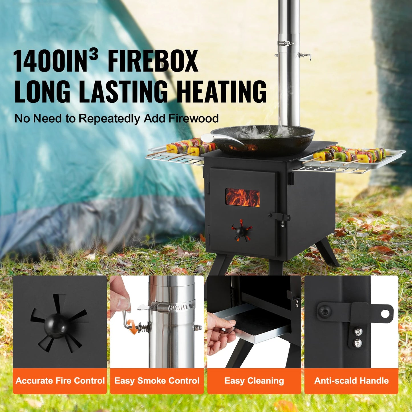 VEVOR Wood Stove 86in Alloy Steel Camping Tent Stove Portable Wood Burning Stove with Chimney Pipes & Gloves 1400in³Firebox