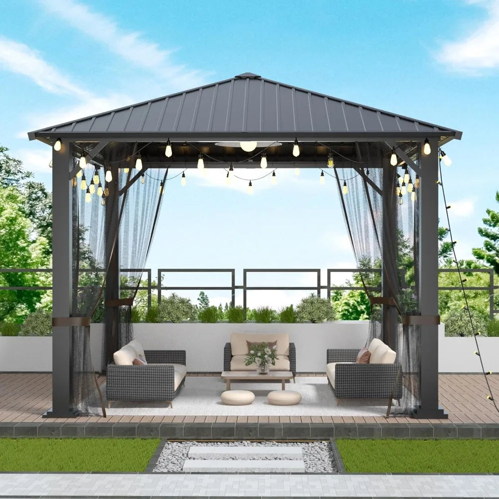 10x10 Hardtop Gazebo, Heavy Duty Galvanized Steel Pergola with Mosquito Nets, Sturdy Outdoor Canopies Tent, Metal Gazebo