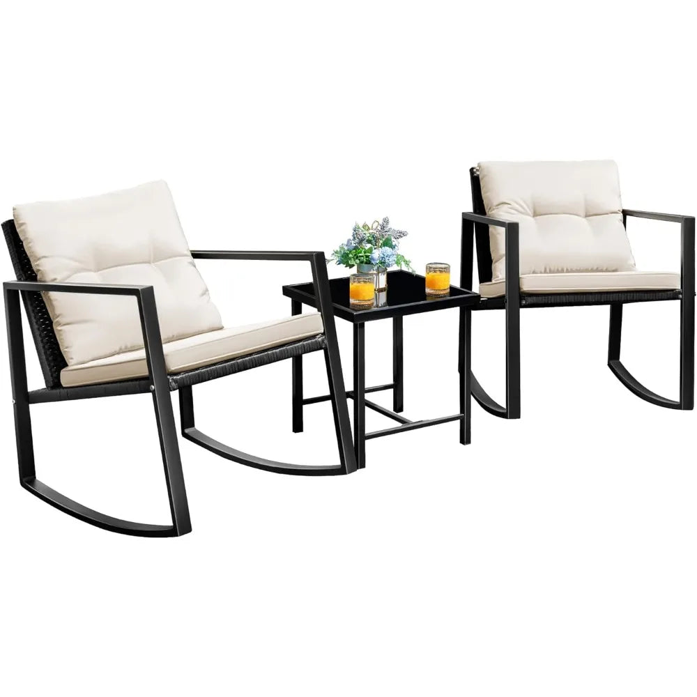 Wicker Rocking Chair Outdoor Bistro Sets with Coffee Table and Cushions Metal Frame Patio Furniture for Porch, Balcony