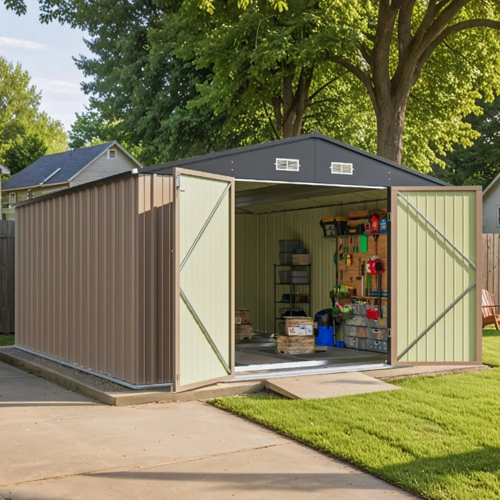 10x12 FT Metal Storage Shed for Outdoor with Floor Frame, All-Weather Garden Tool Shed with Lockable Door for Backyard and Patio