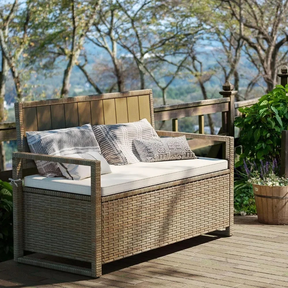 70 Gallon Outdoor Storage Bench, All-Weather PE Rattan Deck Box, Wicker Storage Seat Box for Patio Furniture, Outdoor Cushions