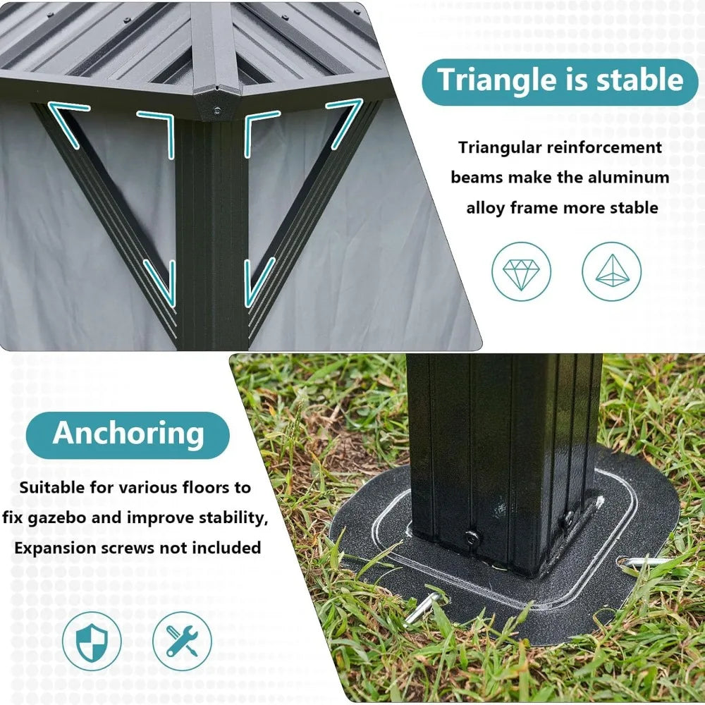 10’ X 12' Hardtop Gazebo, Galvanized Steel Double Top, Aluminum Metal Gazebo with Netting and Curtains, Permanent Pavilion