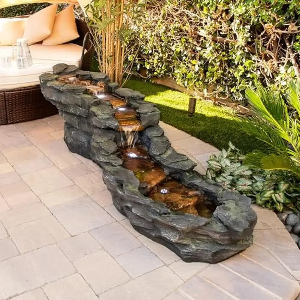 Tiered Outdoor Rocky River Stream Water Fountain with LED Lights Tranquil Garden Decor Durable Polystone Construction 76"L 20L