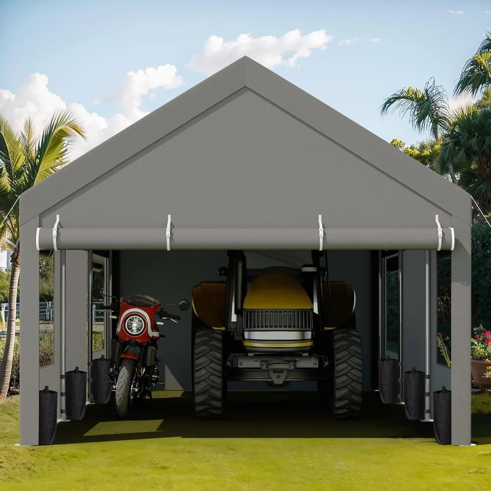 12x20 FT Carport with Removable Sidewalls & Doors,Roll-up Windows, Sandbags and All-Season Tarp for Car Boat Truck Motorcycle