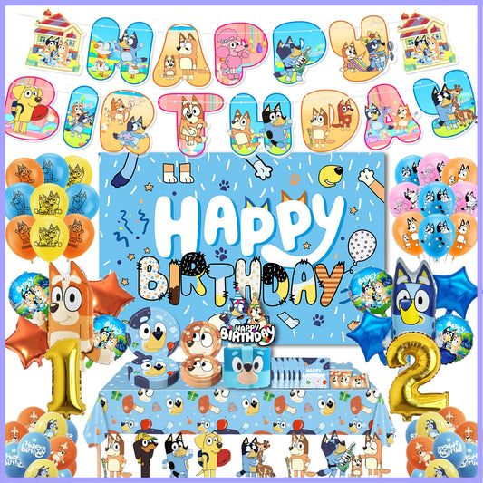 kawaii Bluey family Dog Birthday Party cutlery plate Disposable Banner Cake Topper Hanging Flag Balloons Set Birthday Decoration