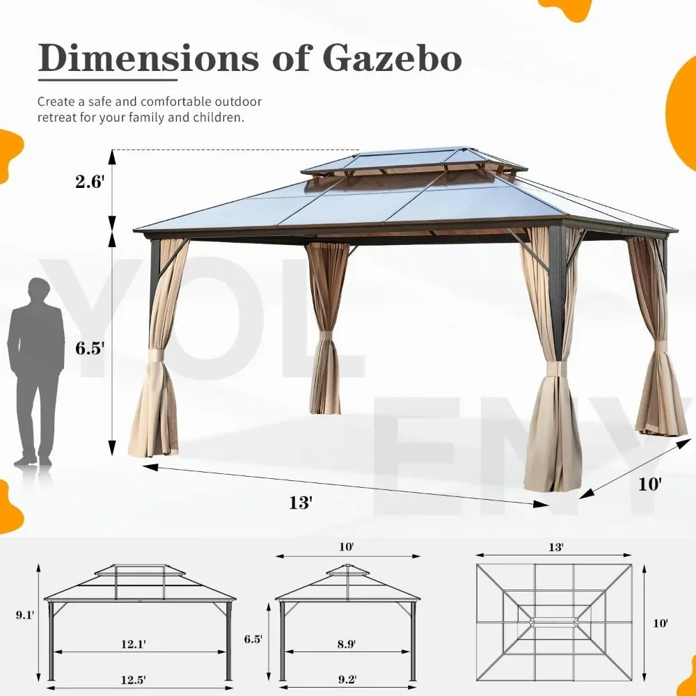 10'x13' Hardtop Gazebo, Outdoor Polycarbonate Double Roof Canopy, Aluminum Frame Permanent Pavilion with Curtains and Netting