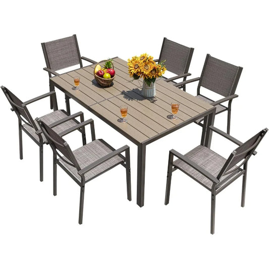 7 Pieces Patio Dining Set Outdoor Furniture with 6 Stackable Textilene Chairs and Large Table for Yard, Garden