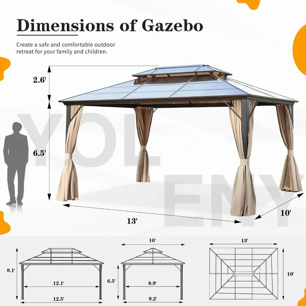 10'x13' Hardtop Gazebo, Outdoor Polycarbonate Double Roof Canopy, Aluminum Frame Permanent Pavilion with Curtains and Netting