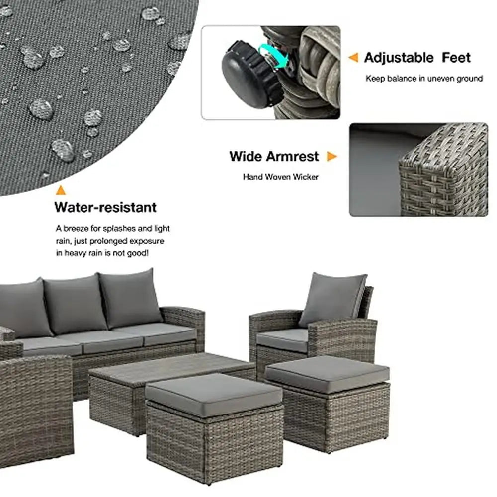 6-Piece Outdoor Patio Furniture Set with Reclining Chair and Ottoman Vintage Gray Wicker Design Rust-Resistant and