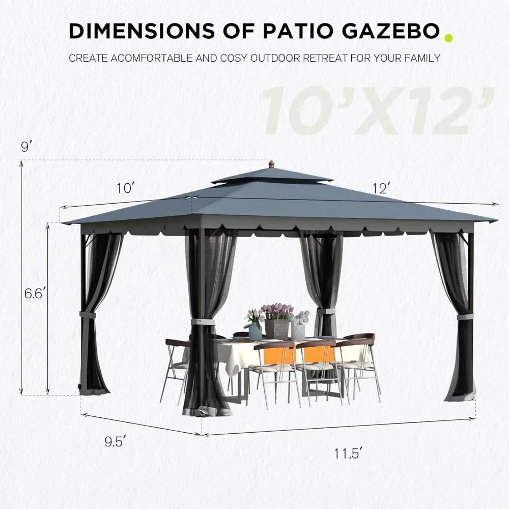 10x12 Outdoor Gazebo with Mosquito Netting, Patio Canopy Gazebos, Wind Resistant/Waterproof for Deck, Outdoor Gazebo