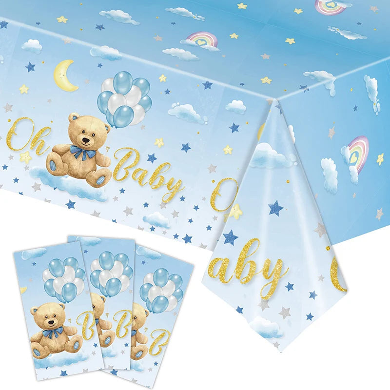 137x274cm Baby Girl Baby Boy Party Disposable Tablecloth Baby Shower Pink Blue Bear Table Covers Kids 1st Birthday Party Decor