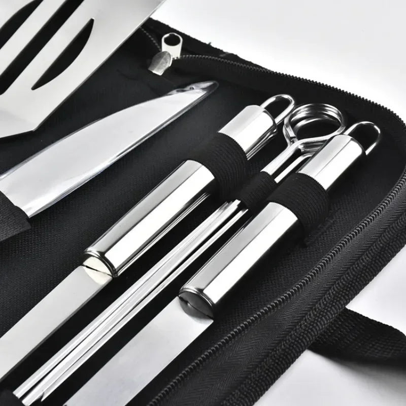 9pcs Portable BBQ tool Kit Outdoor Grill barbecue set Barbecue Set Spatula Clip Skewer With Storage Cloth Bag Grilling Tools