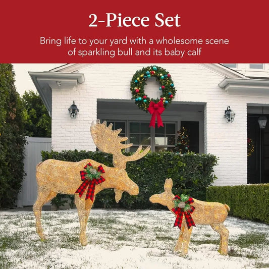 2-Piece Moose Family, Lighted Outdoor All-Weather Christmas Yard Decoration Light-Up Décor Set w/ 170 LED Lights, Ground Stakes