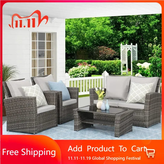 4 Piece Outdoor Patio Furniture Sets Wicker Conversation Set for Porch Deck Gray Rattan Sofa Chair With Cushion Garden Sofas