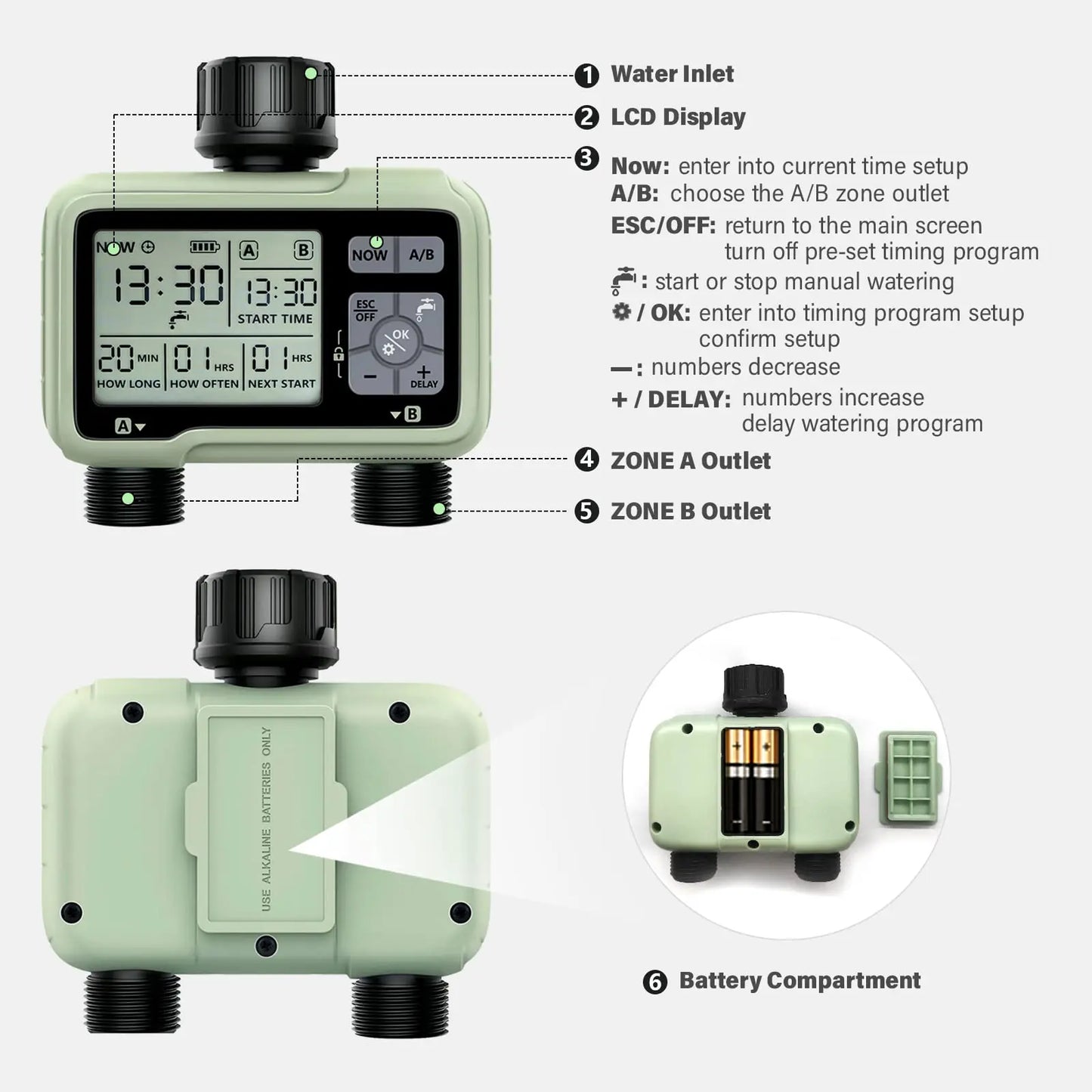 Super Timing System 2-Outlet Water Timer Precisely Watering Up Outdoor Automatic Irrigation Fully Adjustable Program