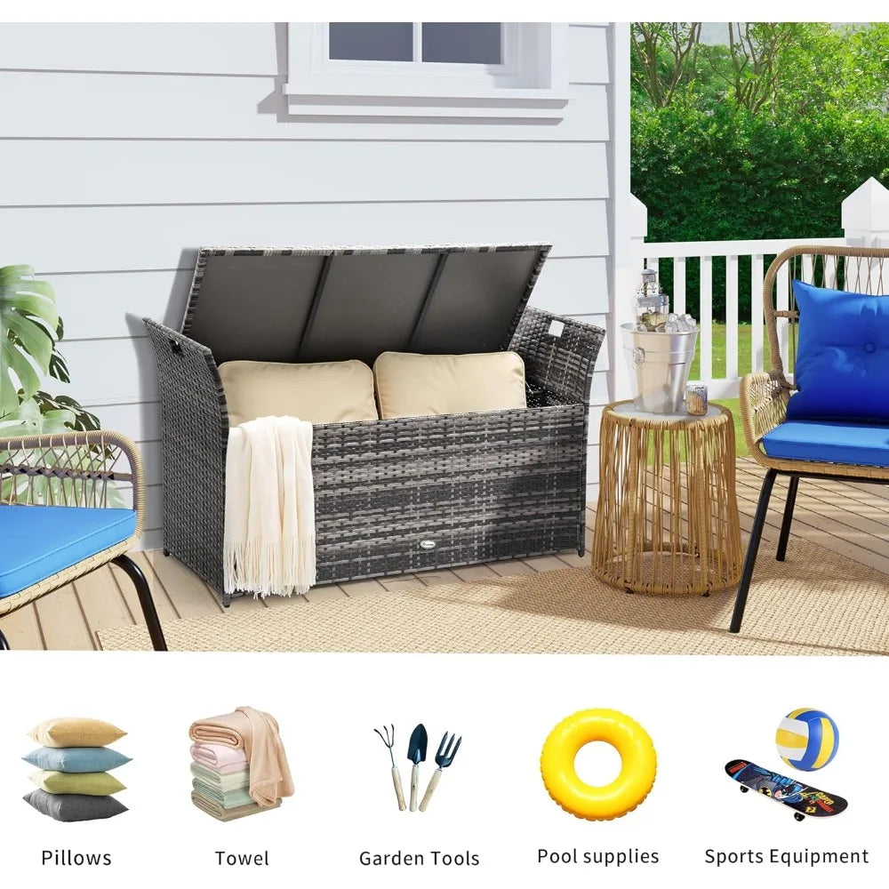 90 Gallon Outdoor Wicker Storage Bench w/Cushion, Large PE Rattan Deck Storage Box w/Handles & Hydraulics