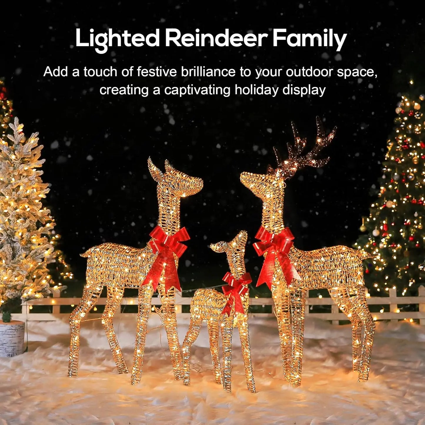 4.5 FT 3D Lighted Christmas Deer Family Set, 3-Piece Christmas Reindeers with 230 Warm White LED Lights, Outdoor Yard Decoration