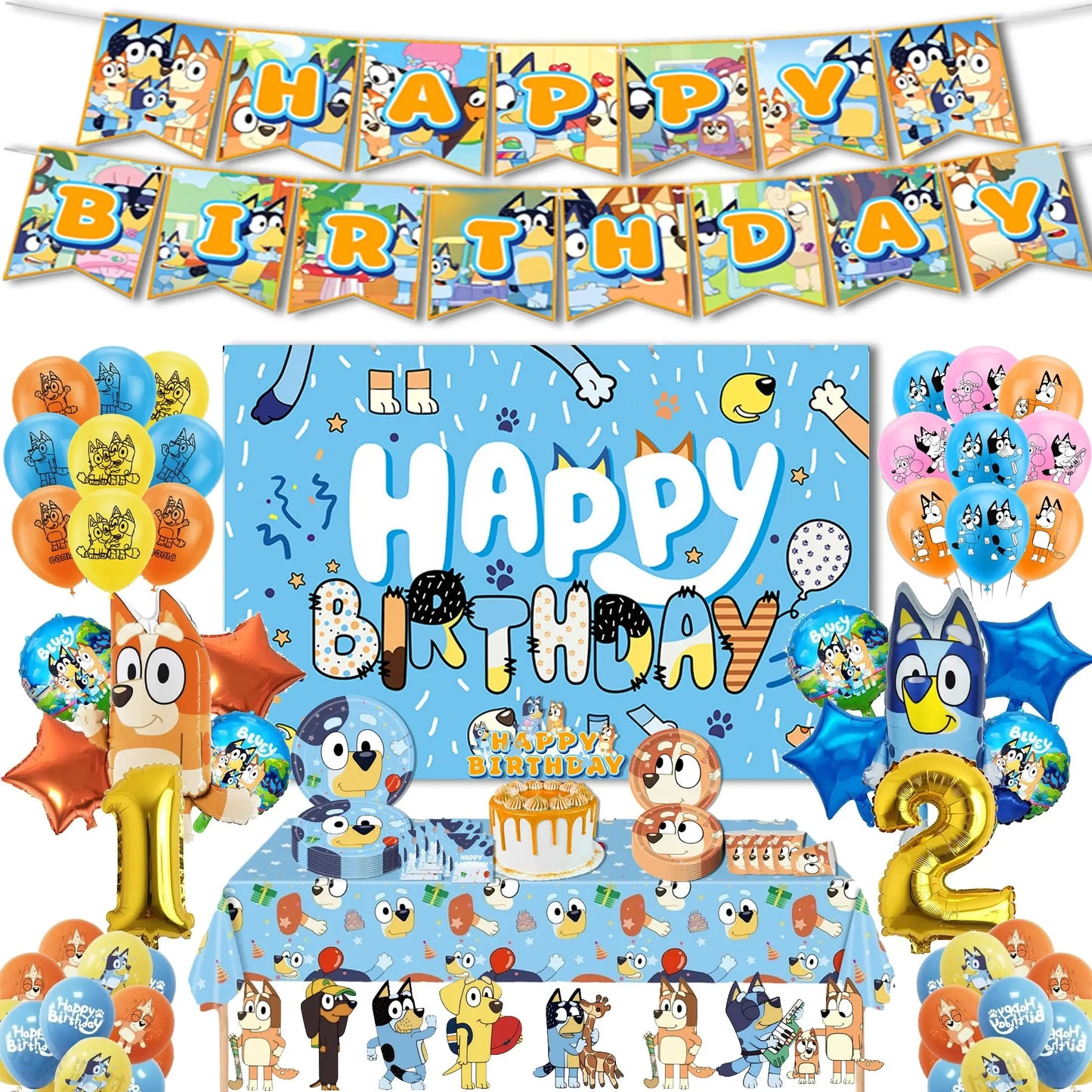 Hot Bluey Dog Birthday Party Decorations Set: Disposable Cutlery, Plates, Banners, Cake Toppers, Hanging Flags, and Balloons