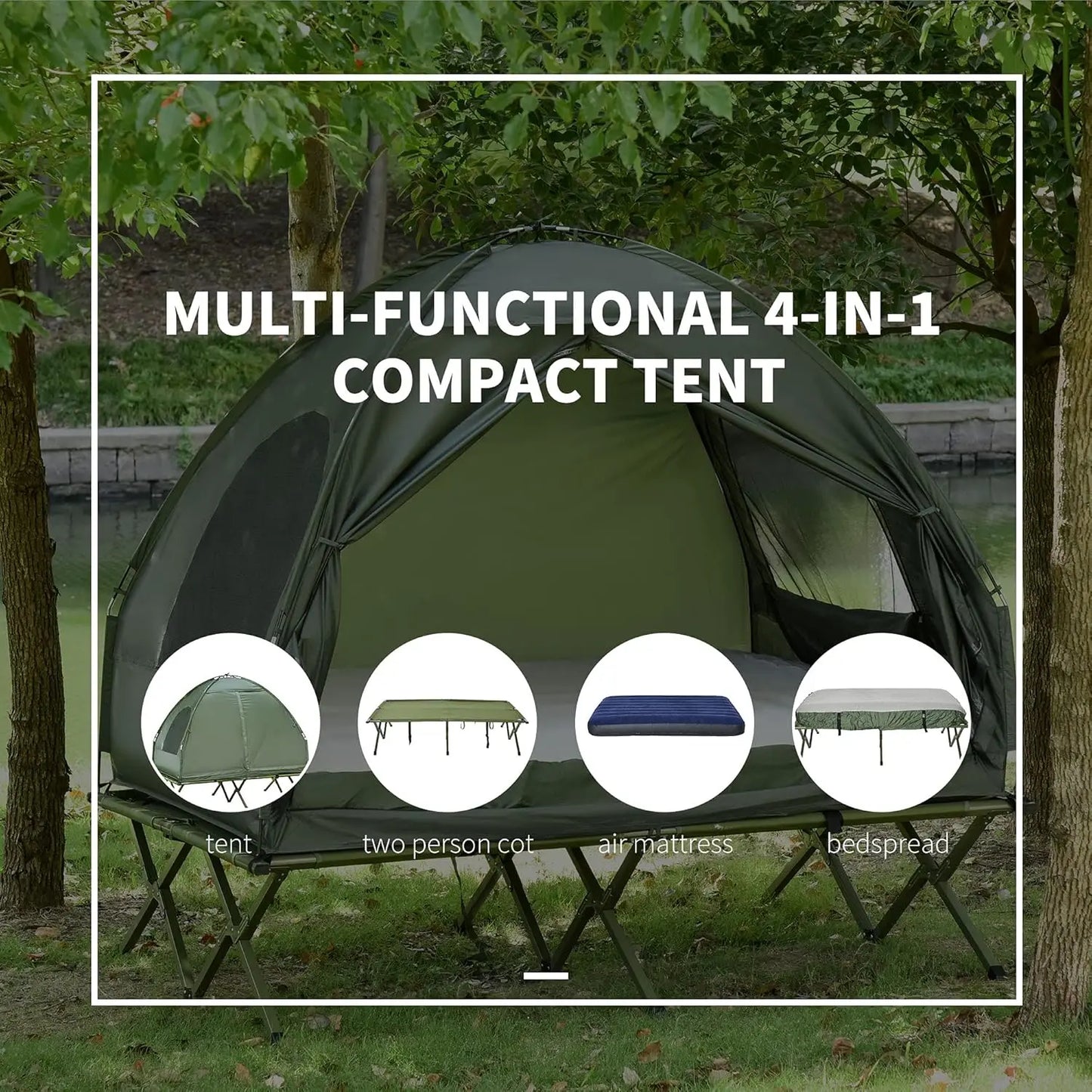 2 Person Foldable Camping Cot with Tent, Bedspread and Thick Air Mattress, 4-in-1 Elevated Camping Bed Tent for Outdoor Hiking